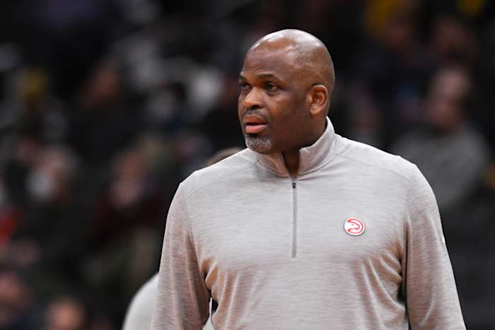 Mar 4, 2022; Washington, District of Columbia, USA; Atlanta Hawks head coach Nate McMillan during the first half against the Washington Wizards at Capital One Arena.